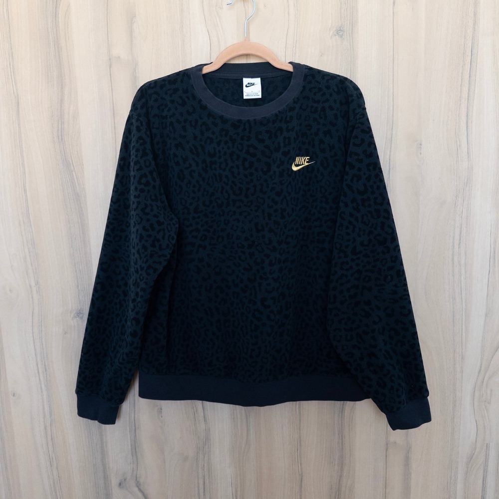 Nike Women Leopard Print Sweatshirt L Black Fleece Gold Logo Crewneck Athleisure